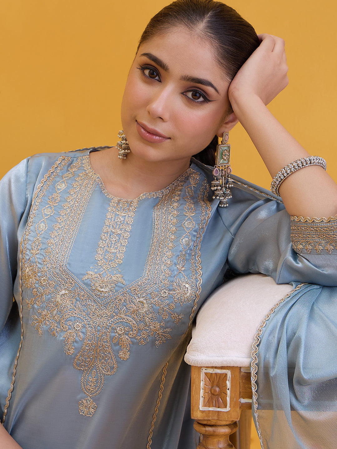Janasya Women's Sky Blue Silk Blend Zari Embroidered A-Line Kurta Set