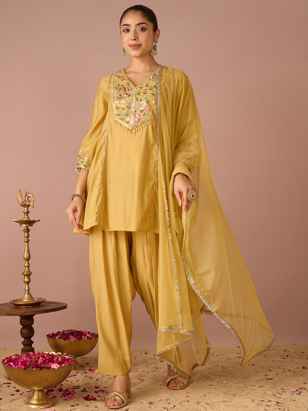 Janasya Women's Yellow Chanderi Silk Floral Beads And Sequins Embroidered A-Line Kurta Salwar Set