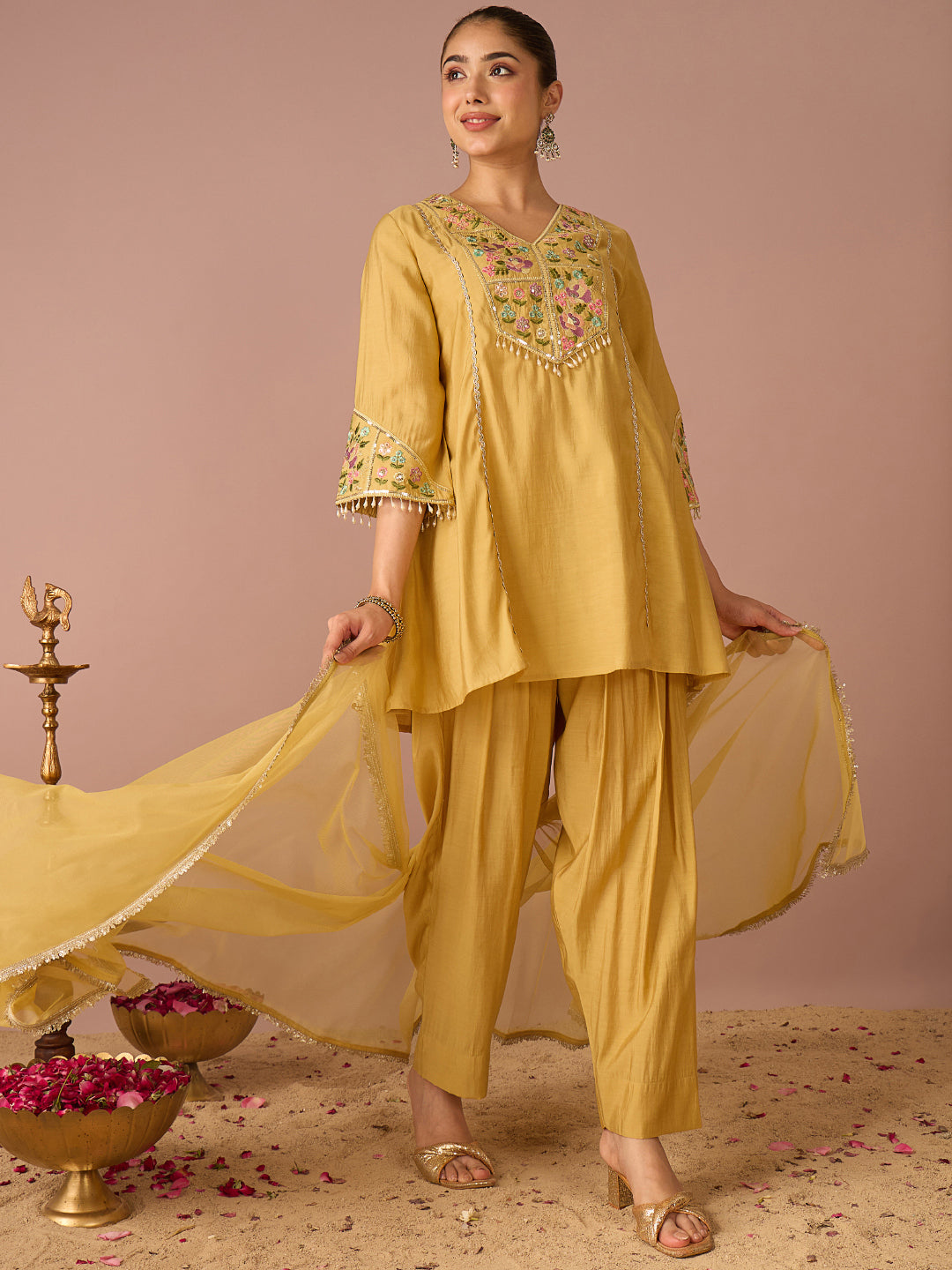 Janasya Women's Yellow Chanderi Silk Floral Beads And Sequins Embroidered A-Line Kurta Salwar Set