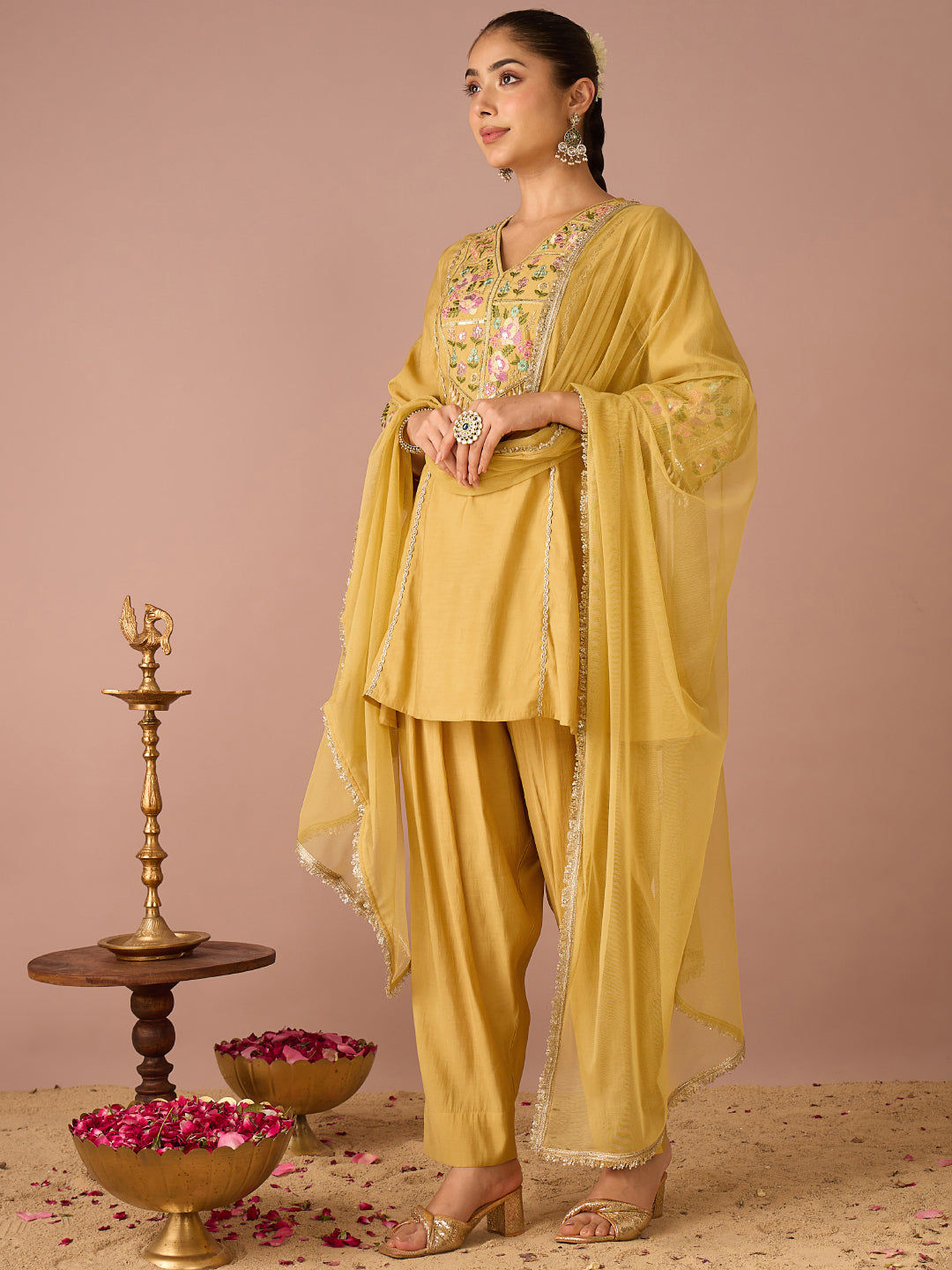 Janasya Women's Yellow Chanderi Silk Floral Beads And Sequins Embroidered A-Line Kurta Salwar Set