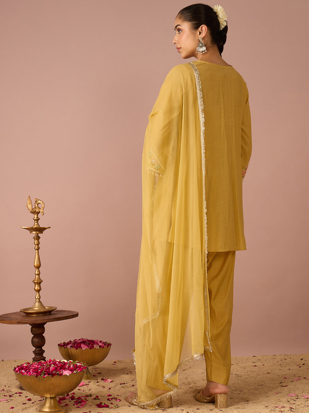 Janasya Women's Yellow Chanderi Silk Floral Beads And Sequins Embroidered A-Line Kurta Salwar Set