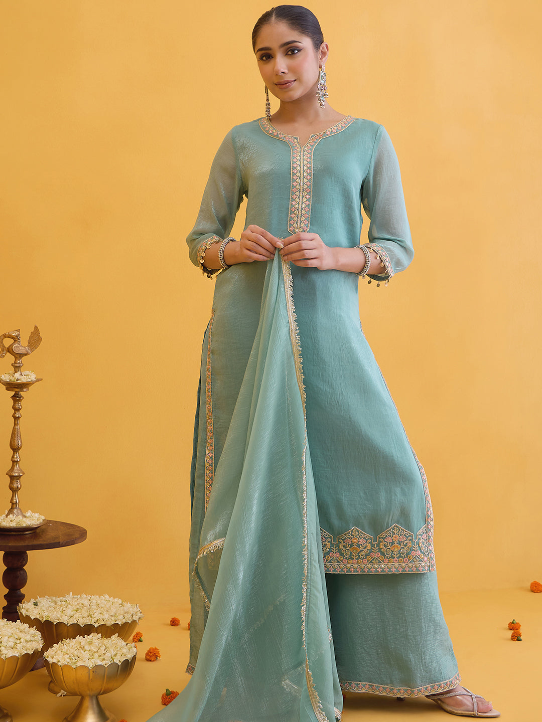Janasya Women's Sea Green Silk Blend Floral Embroidered Straight Kurta with Sharara and Dupatta Set
