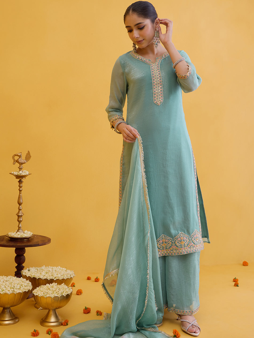 Janasya Women's Sea Green Silk Blend Floral Embroidered Straight Kurta with Sharara and Dupatta Set