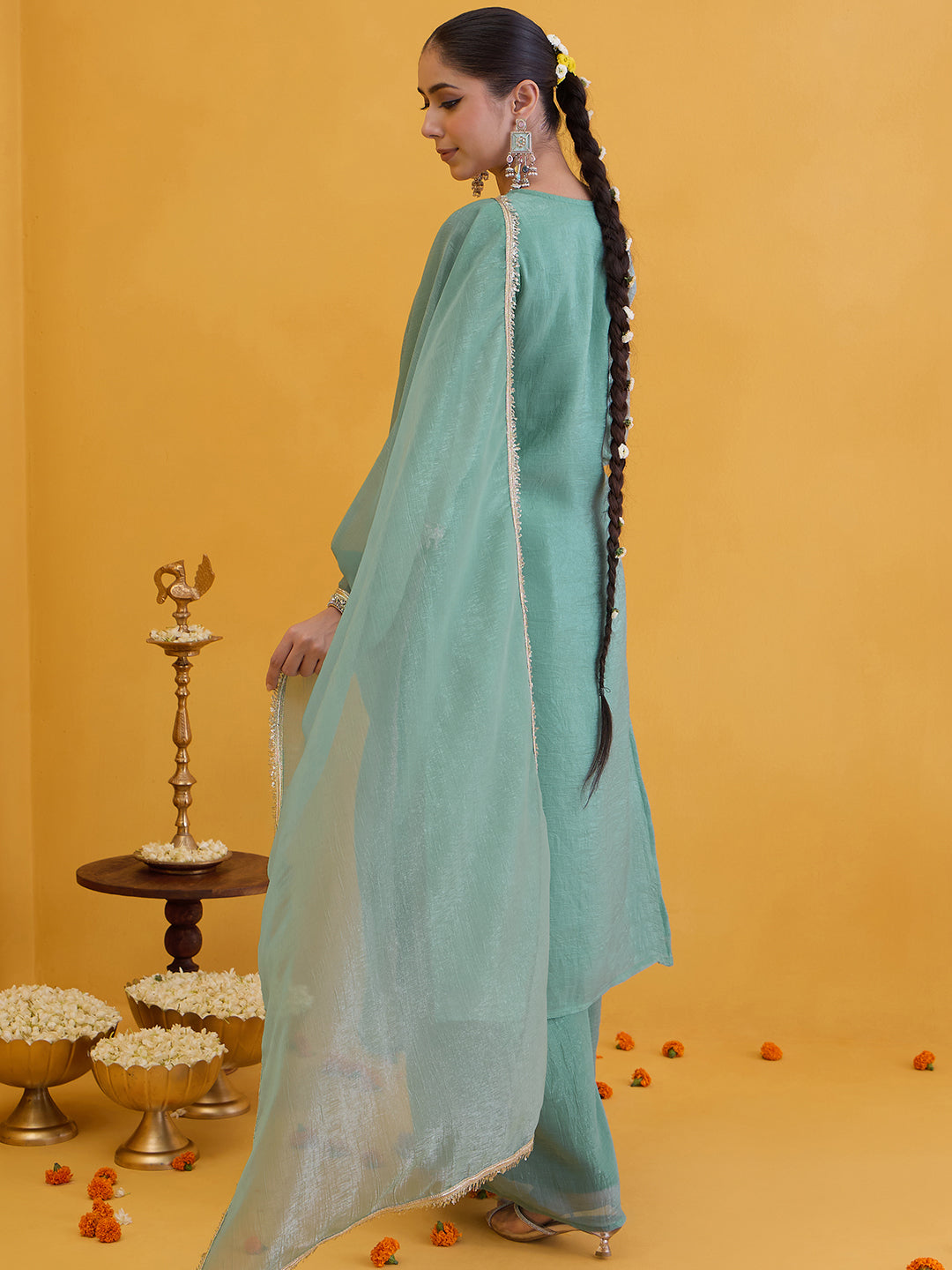 Janasya Women's Sea Green Silk Blend Floral Embroidered Straight Kurta with Sharara and Dupatta Set