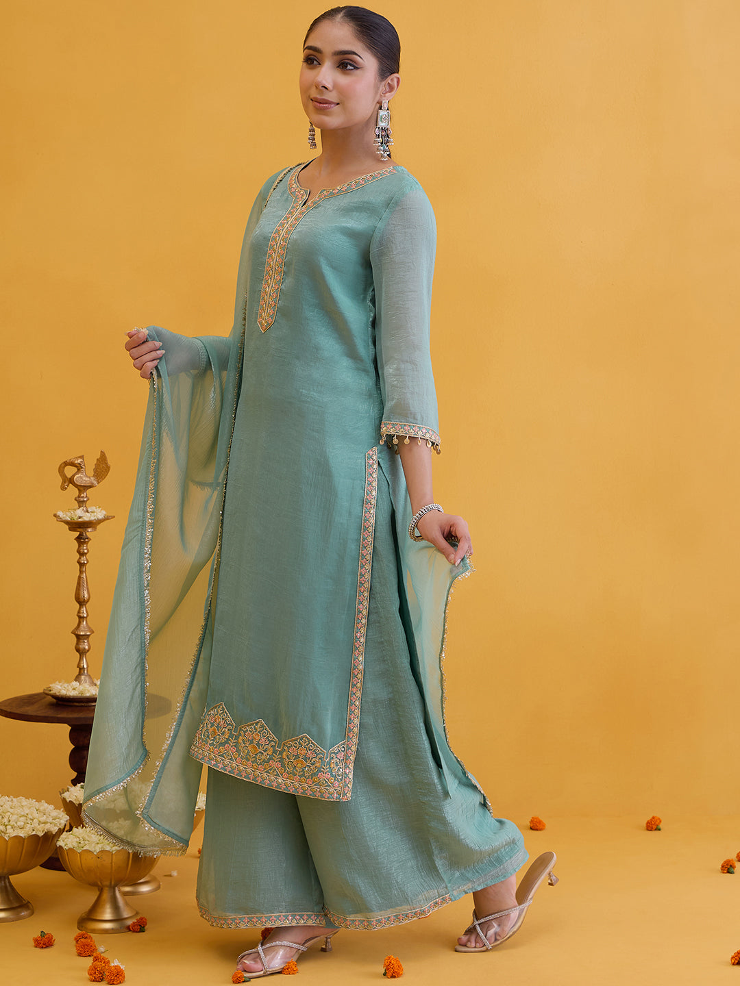 Janasya Women's Sea Green Silk Blend Floral Embroidered Straight Kurta with Sharara and Dupatta Set