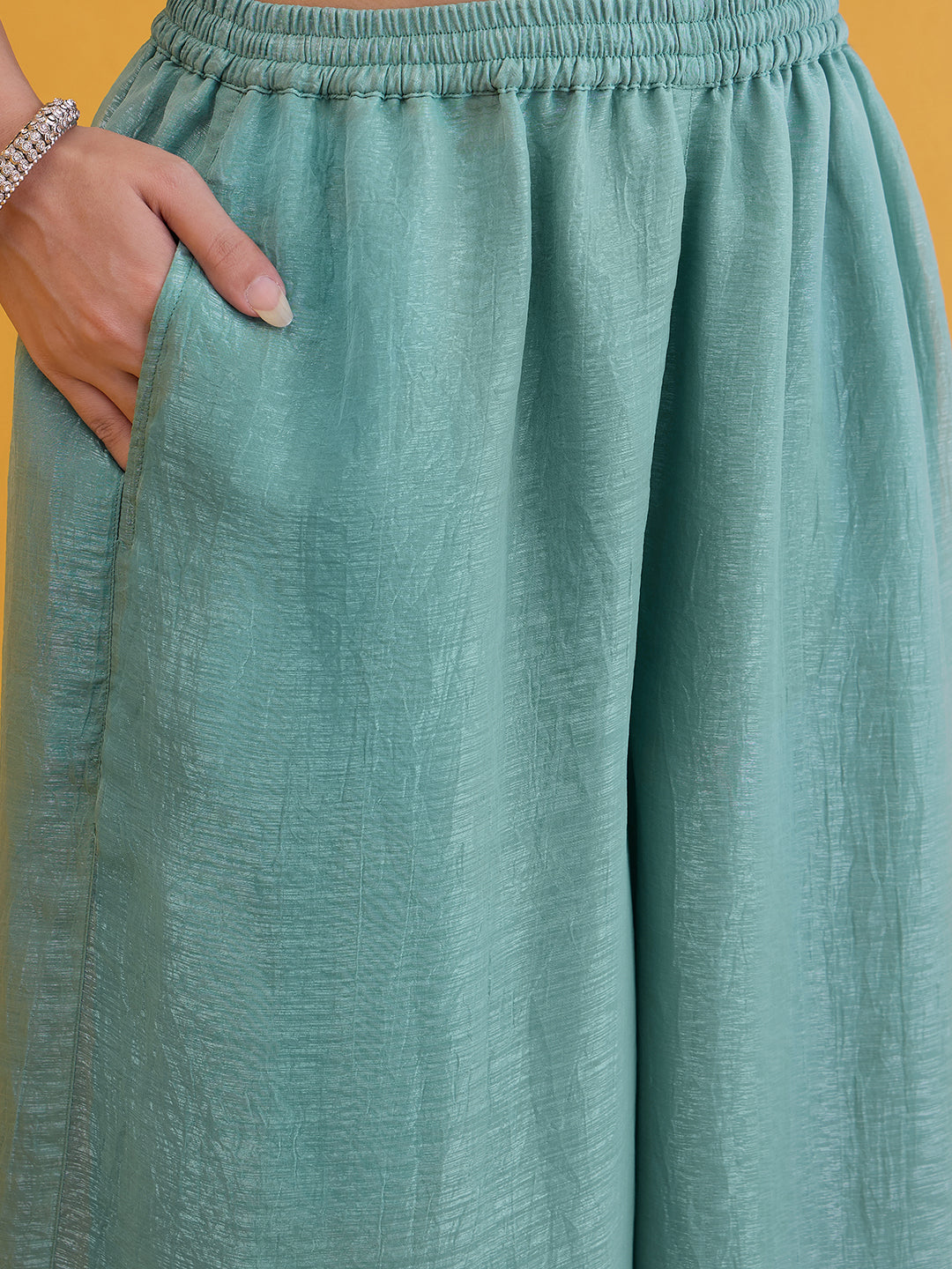 Janasya Women's Sea Green Silk Blend Floral Embroidered Straight Kurta with Sharara and Dupatta Set