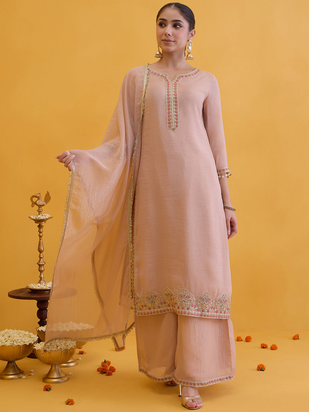 Janasya Women's Peach Tissue Silk Floral Zari Embroidered Straight Kurta with Palazzo And Dupatta Set