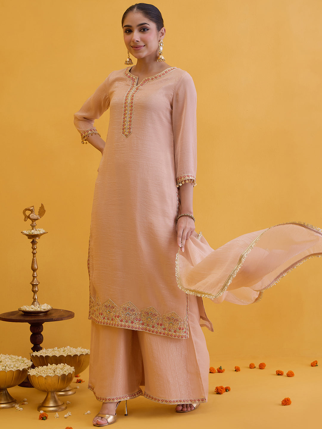 Janasya Women's Peach Tissue Silk Floral Zari Embroidered Straight Kurta with Palazzo And Dupatta Set