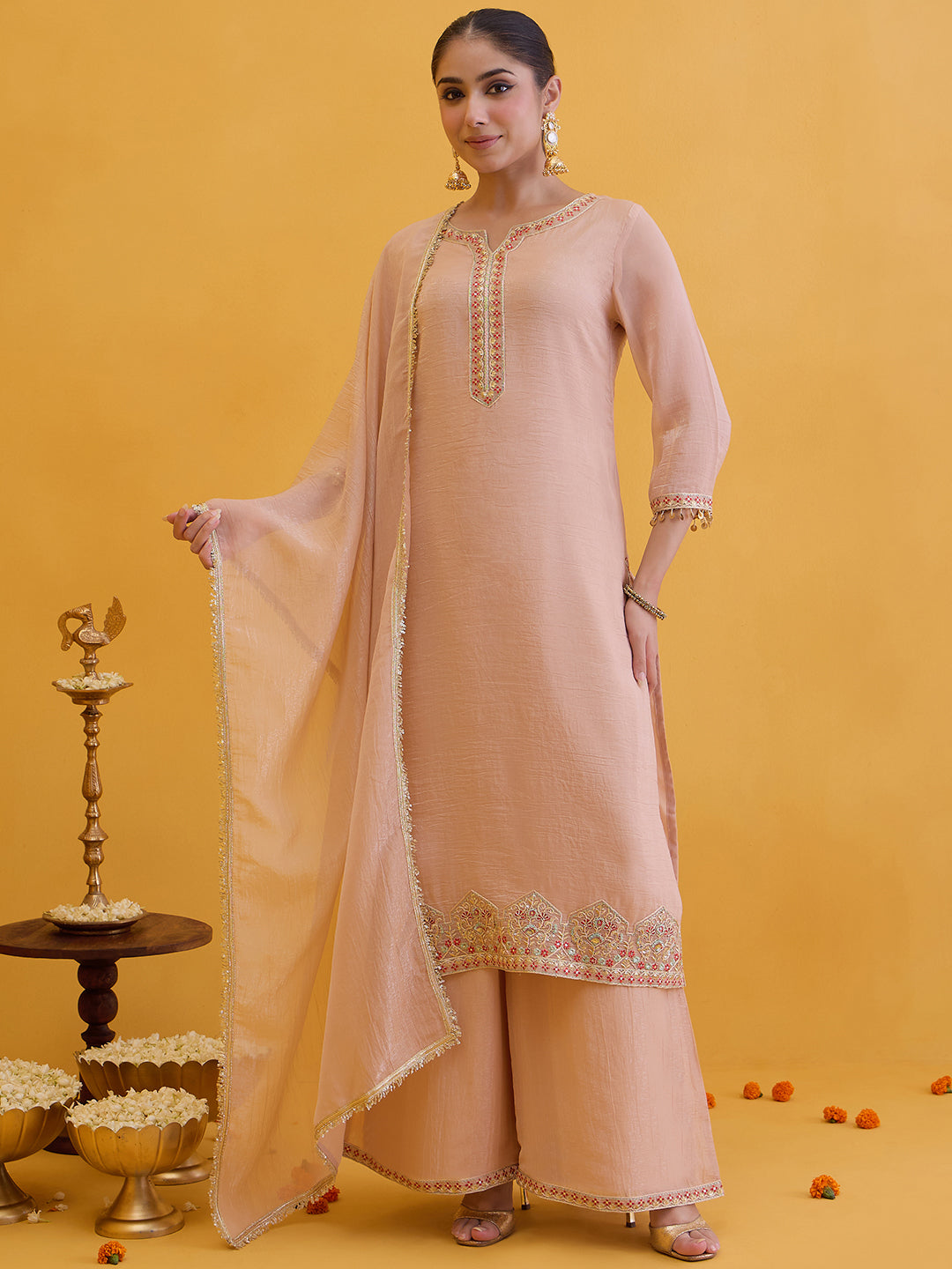 Janasya Women's Peach Tissue Silk Floral Zari Embroidered Straight Kurta with Palazzo And Dupatta Set