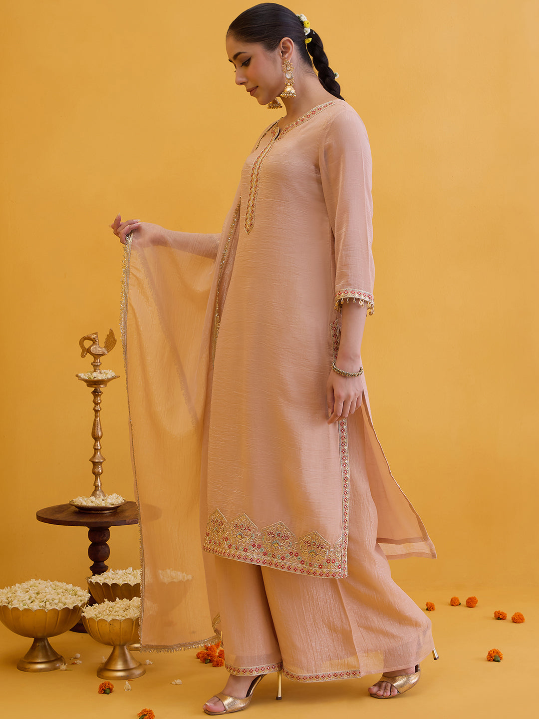 Janasya Women's Peach Tissue Silk Floral Zari Embroidered Straight Kurta with Palazzo And Dupatta Set