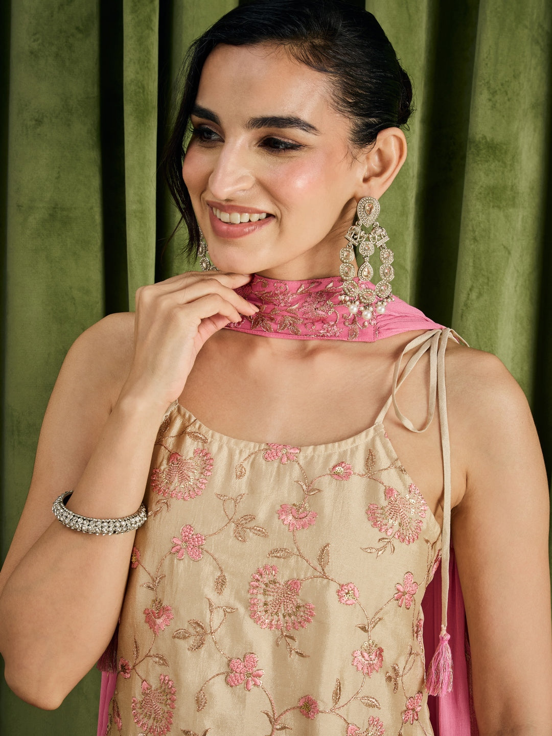 Janasya Women's Cream Silk Blend Floral Zari Embroidered Regular Top Pant with Choker Dupatta Set