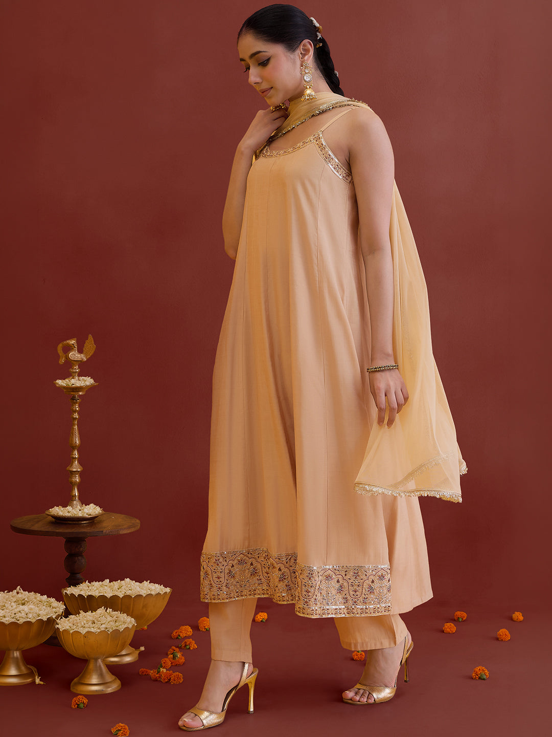 Janasya Women's Beige Chanderi Silk Floral Embroidered Anarkali Kurta Set