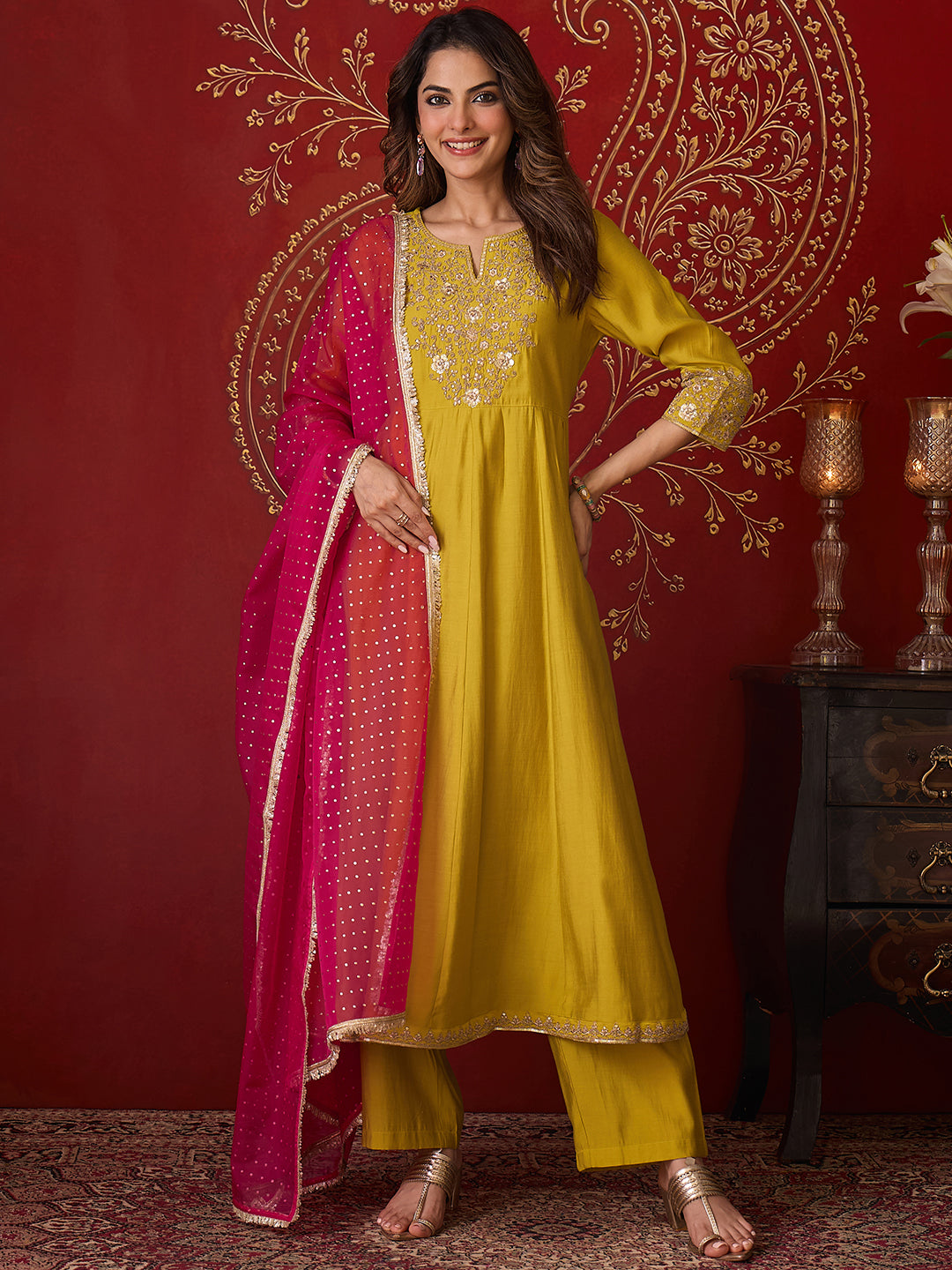 Janasya Women's Lime Green Chanderi Silk Floral Zari Embroidered Anarkali Kurta Set