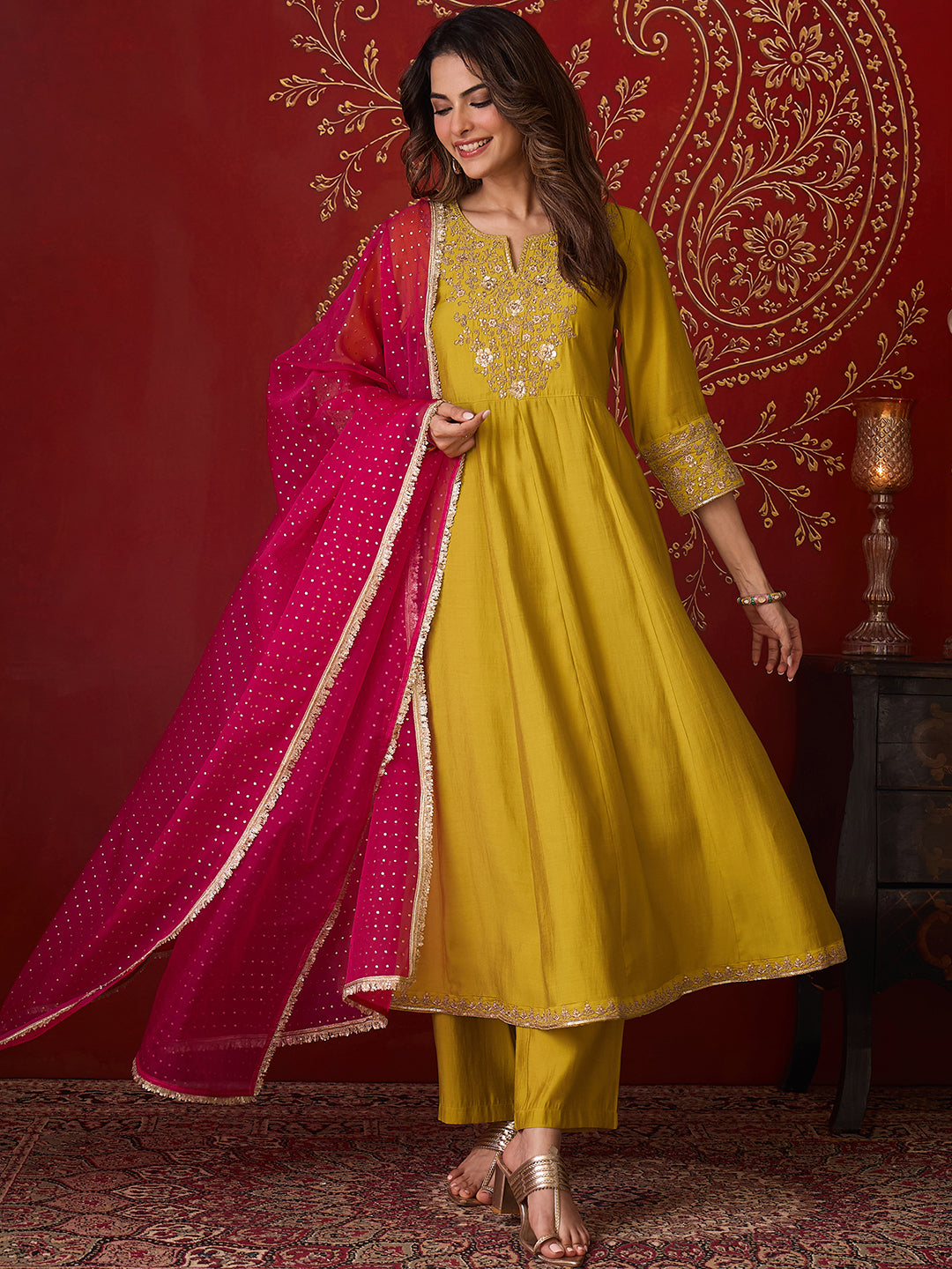 Janasya Women's Lime Green Chanderi Silk Floral Zari Embroidered Anarkali Kurta Set