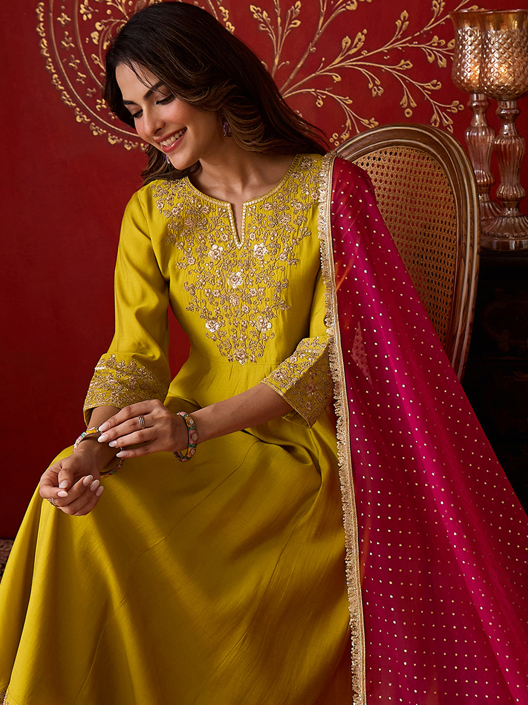 Janasya Women's Lime Green Chanderi Silk Floral Zari Embroidered Anarkali Kurta Set