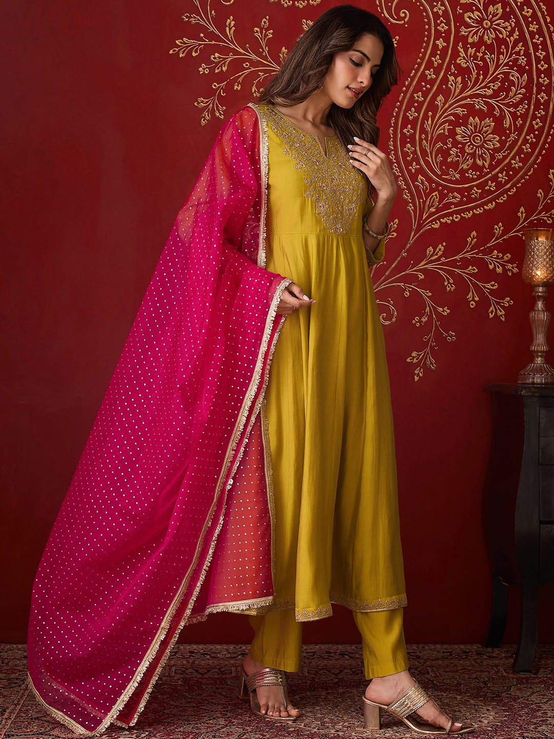 Janasya Women's Lime Green Chanderi Silk Floral Zari Embroidered Anarkali Kurta Set