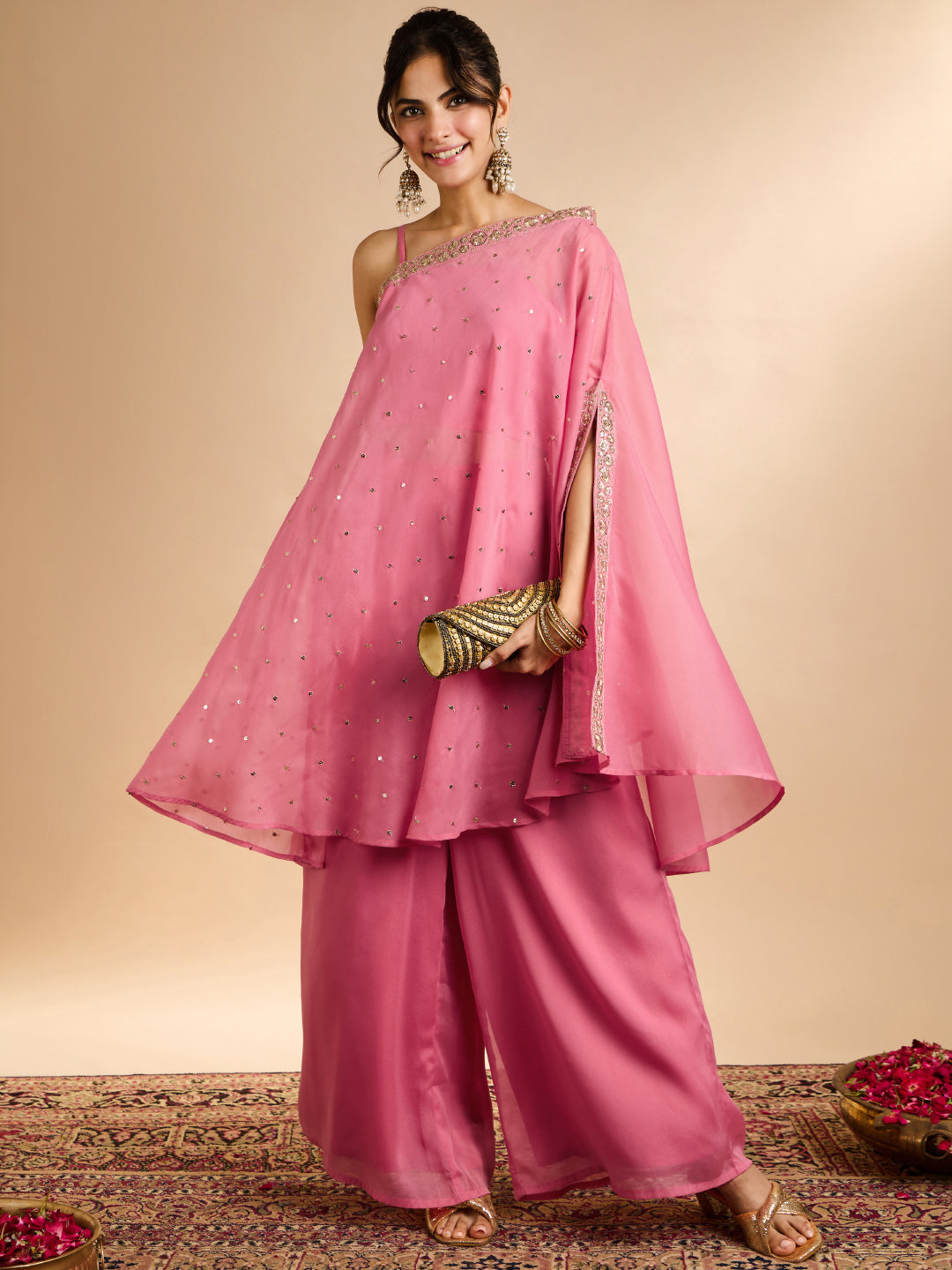Janasya Women's Pink Georgette Embellished Asymmetric Co-Ord Set