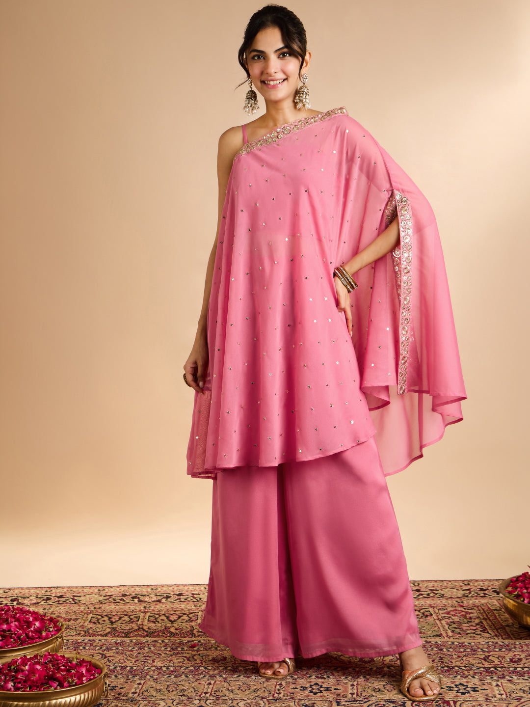 Janasya Women's Pink Georgette Embellished Asymmetric Co-Ord Set