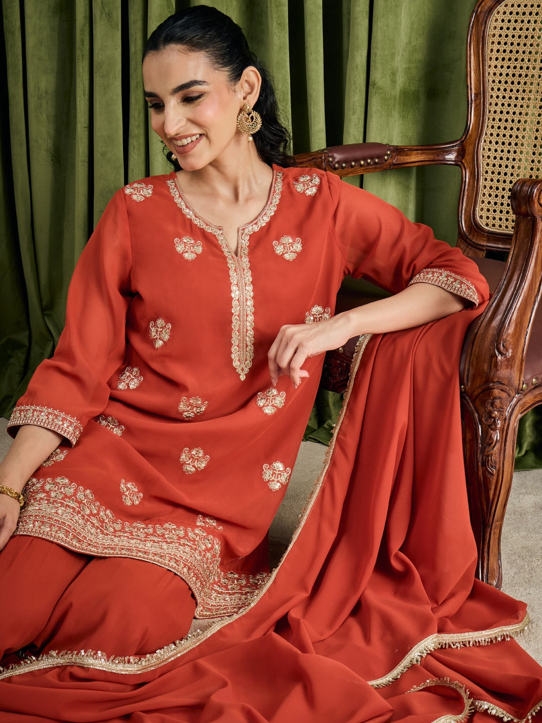Janasya Women's Rust Georgette Sequin Zari Embroidered Straight Kurta with Sharara and Dupatta Set
