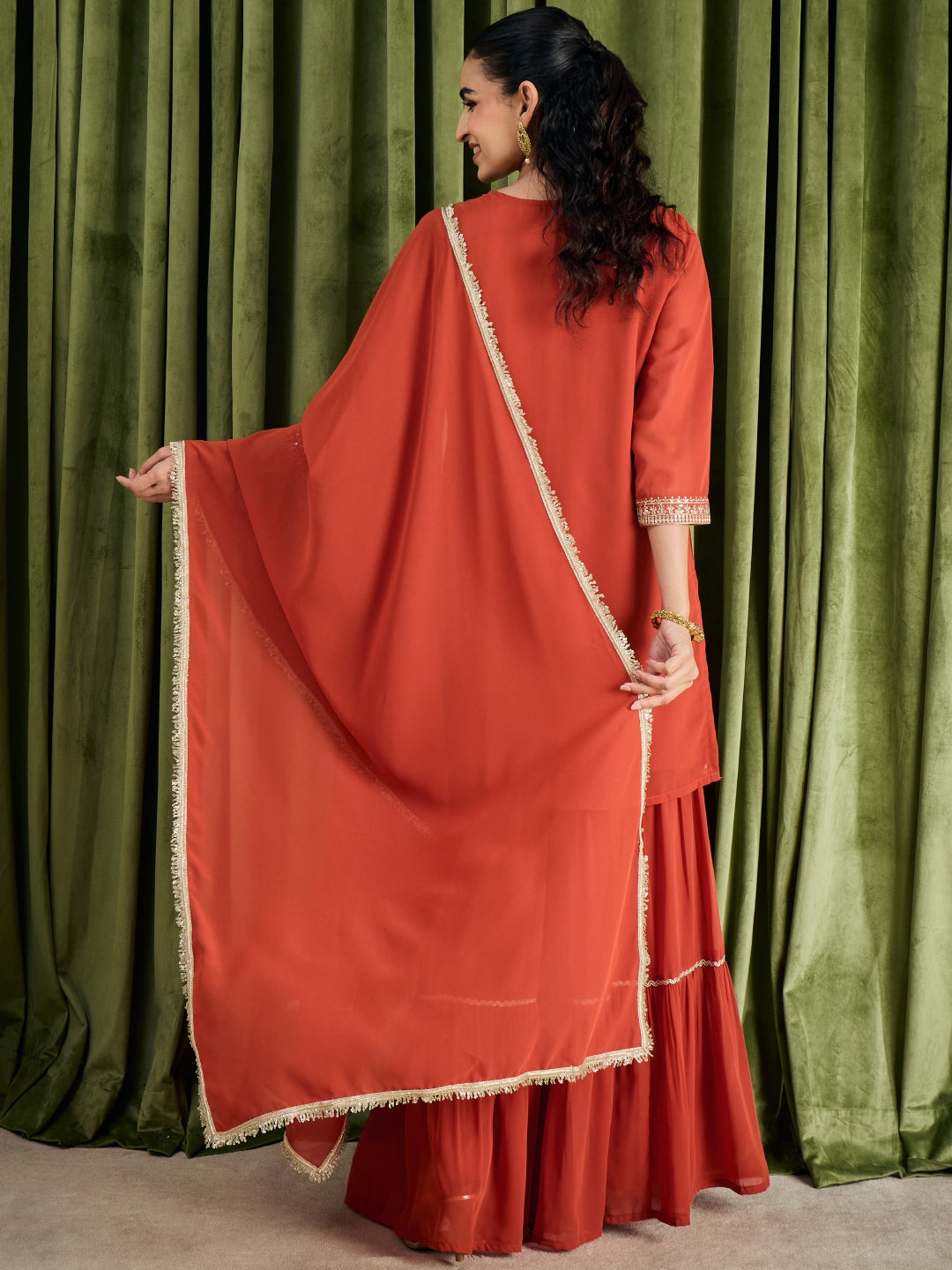 Janasya Women's Rust Georgette Sequin Zari Embroidered Straight Kurta with Sharara and Dupatta Set