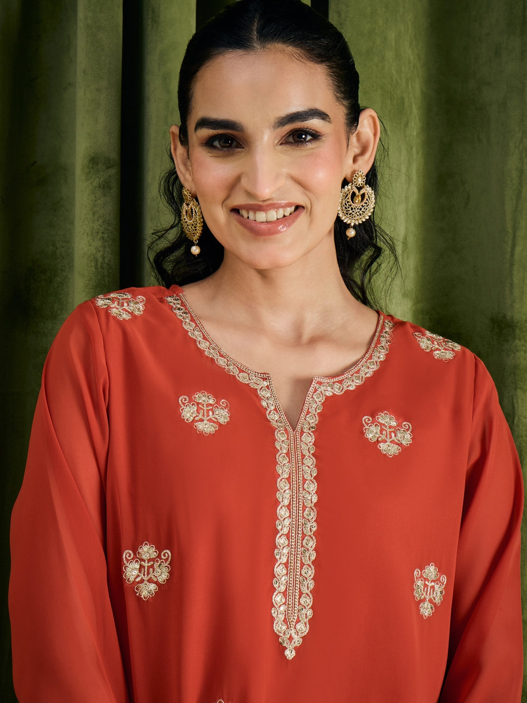 Janasya Women's Rust Georgette Sequin Zari Embroidered Straight Kurta with Sharara and Dupatta Set