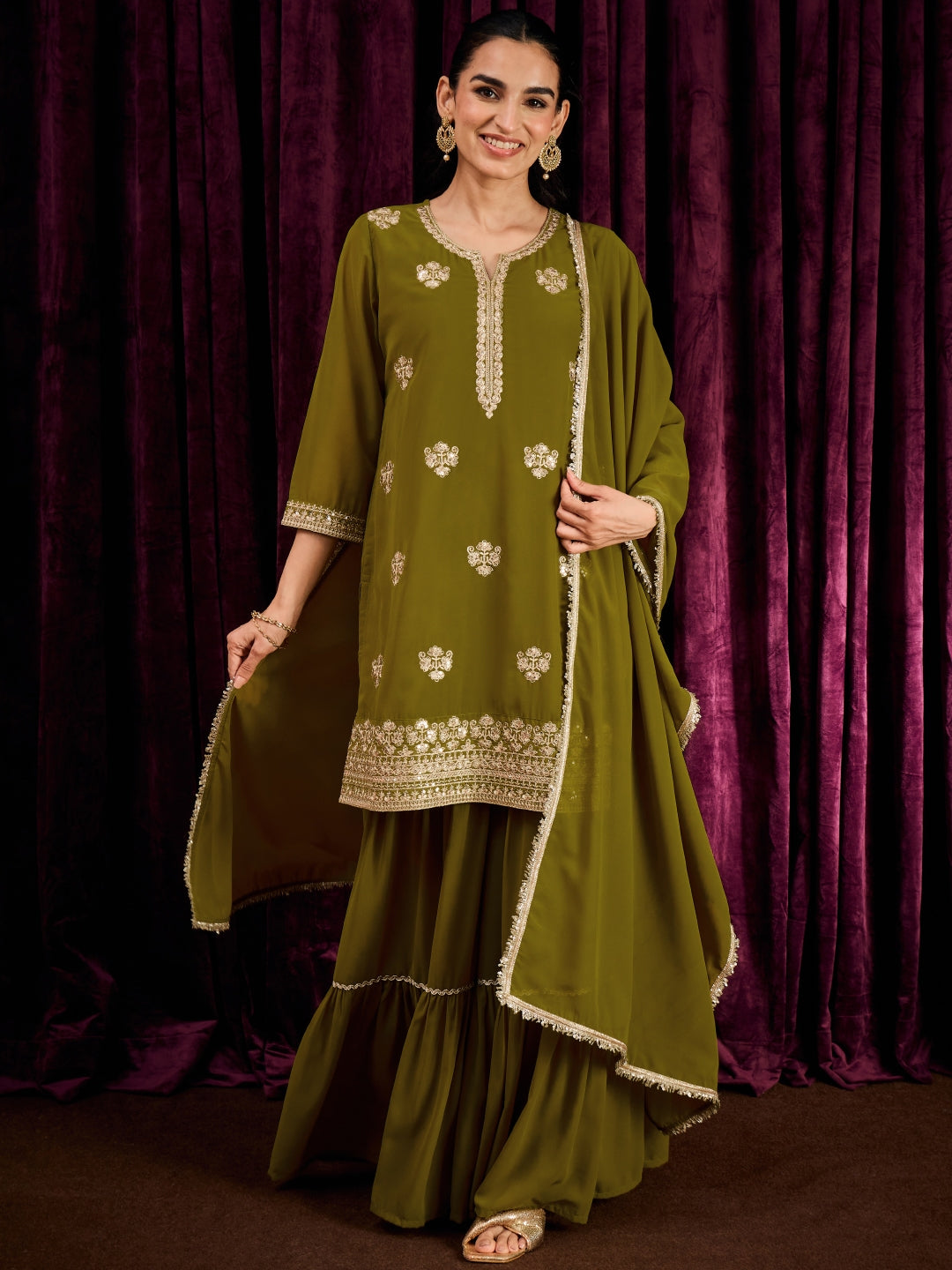 Janasya Women's Green Georgette Floral Zari Embroidered Straight Kurta with Sharara And Dupatta Set