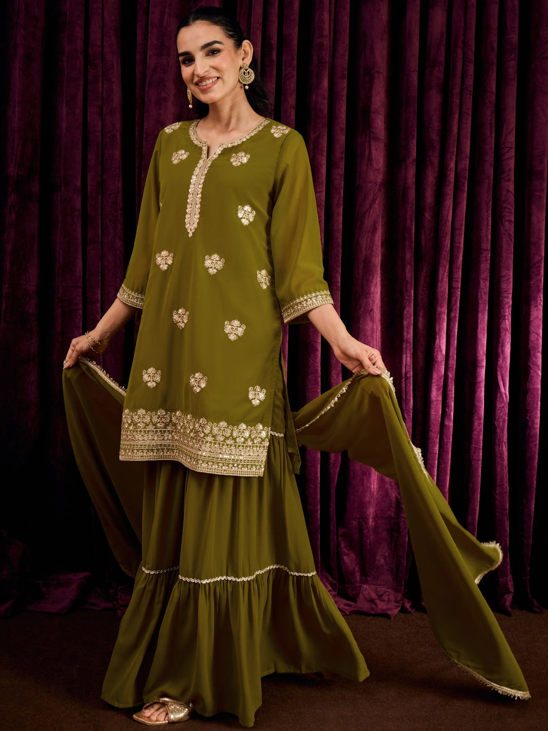 Janasya Women's Green Georgette Floral Zari Embroidered Straight Kurta with Sharara And Dupatta Set