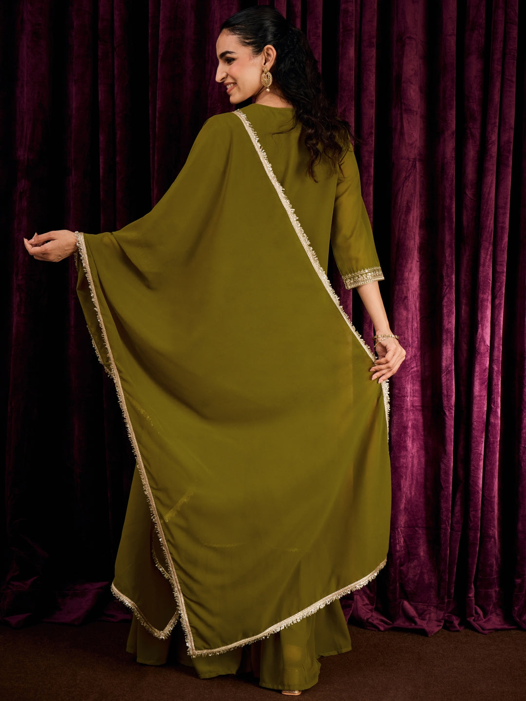 Janasya Women's Green Georgette Floral Zari Embroidered Straight Kurta with Sharara And Dupatta Set