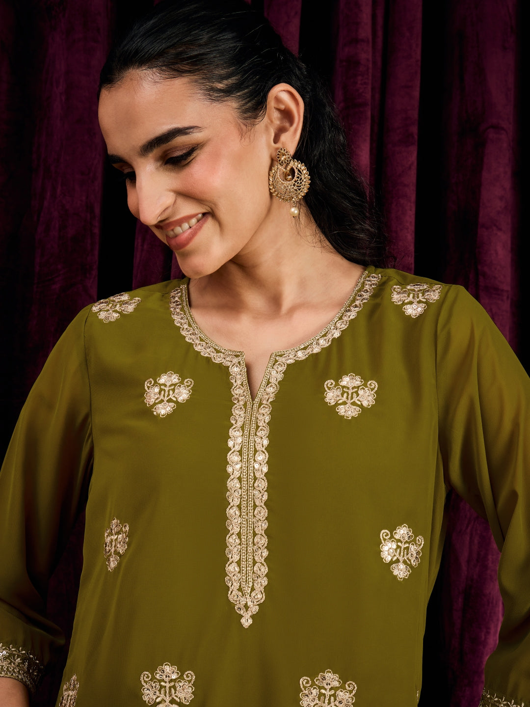 Janasya Women's Green Georgette Floral Zari Embroidered Straight Kurta with Sharara And Dupatta Set