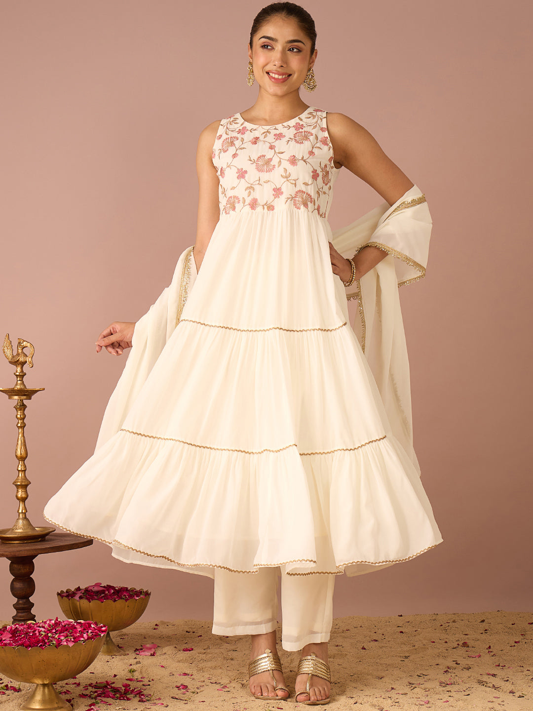 Janasya Women's White Georgette Floral Sequins And Zari Embroidered Tiered Flared Kurta Set