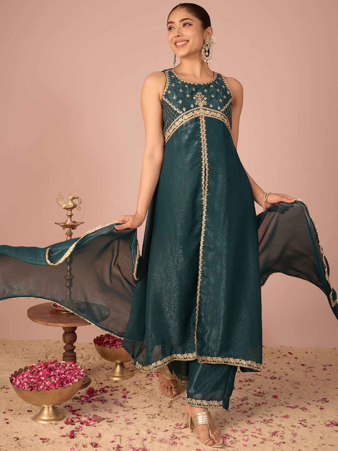 Janasya Women's Teal Green Tissue Silk Floral Sequins And Zari Embroidered A-Line Front High Slit Kurta Set
