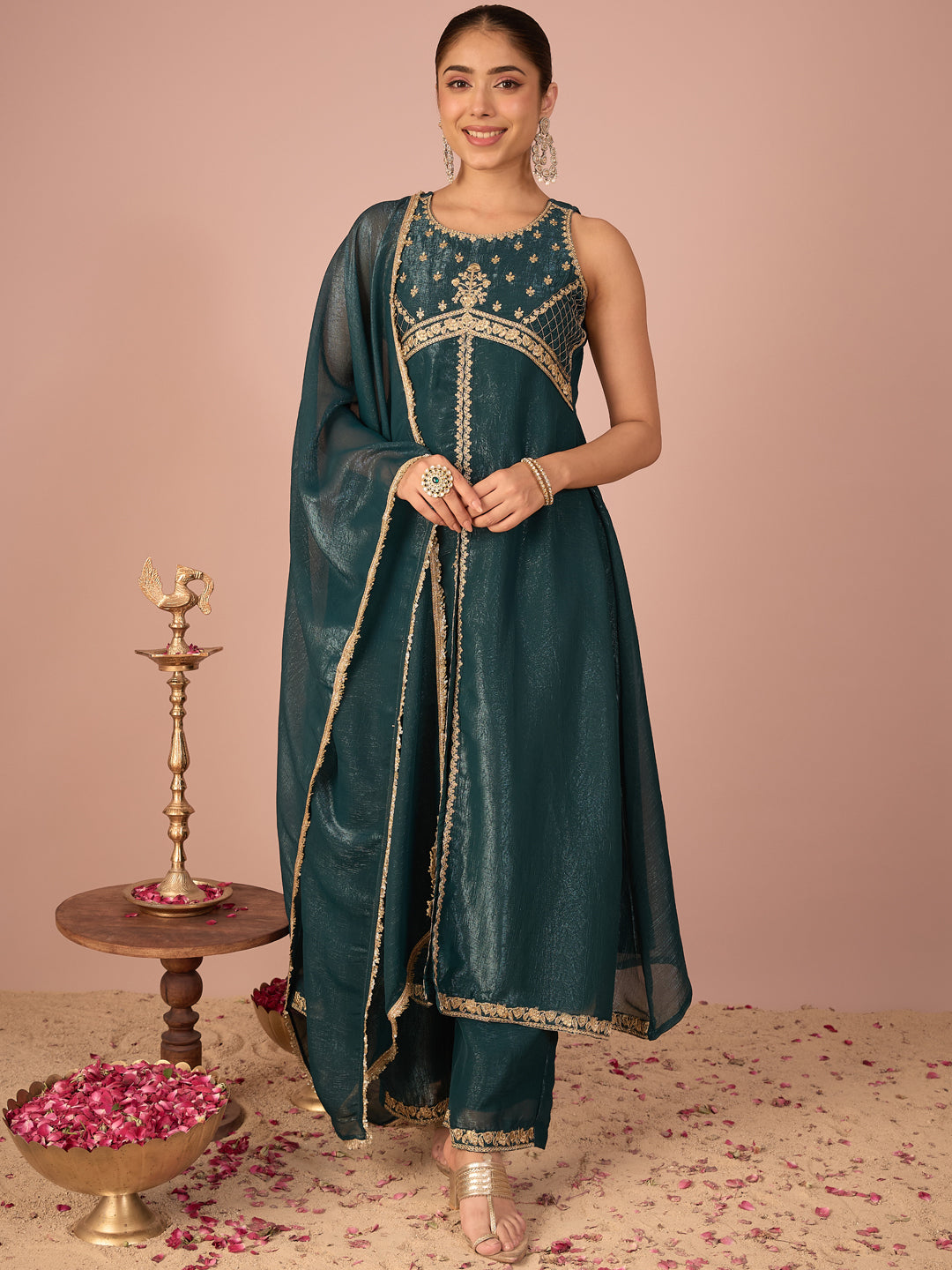 Janasya Women's Teal Green Tissue Silk Floral Sequins And Zari Embroidered A-Line Front High Slit Kurta Set