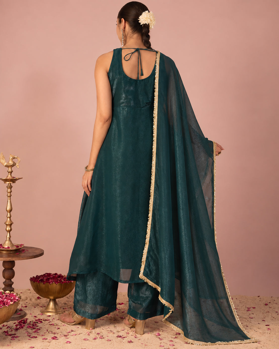 Janasya Women's Teal Green Tissue Silk Floral Sequins And Zari Embroidered A-Line Front High Slit Kurta Set