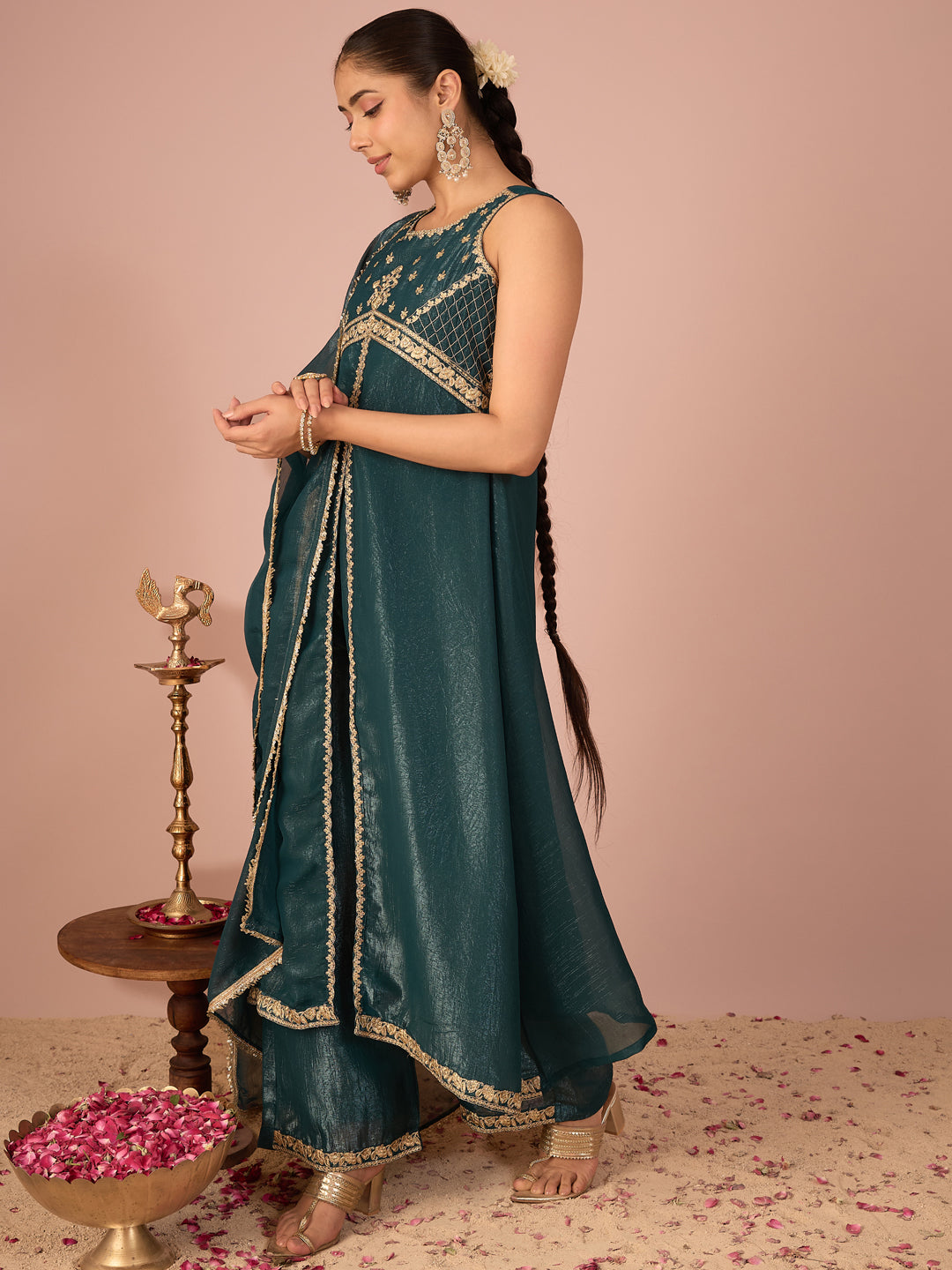 Janasya Women's Teal Green Tissue Silk Floral Sequins And Zari Embroidered A-Line Front High Slit Kurta Set