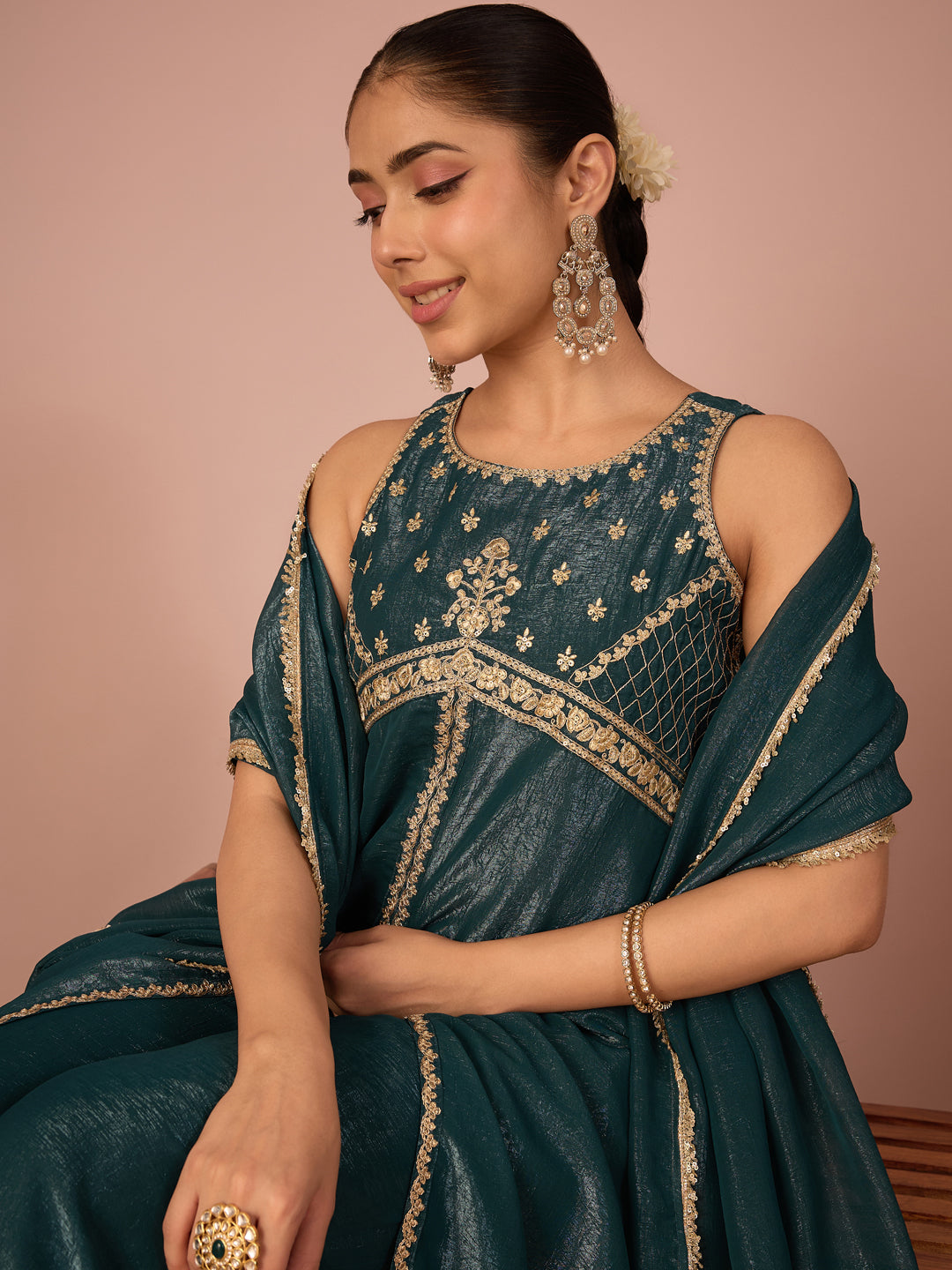 Janasya Women's Teal Green Tissue Silk Floral Sequins And Zari Embroidered A-Line Front High Slit Kurta Set