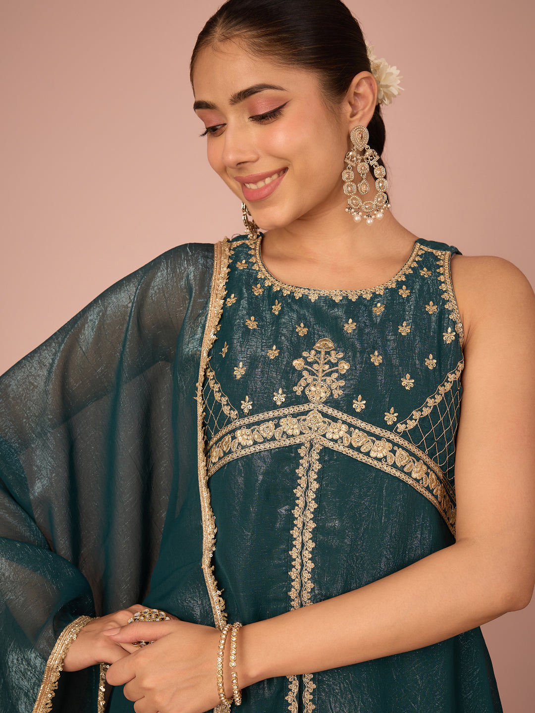 Janasya Women's Teal Green Tissue Silk Floral Sequins And Zari Embroidered A-Line Front High Slit Kurta Set