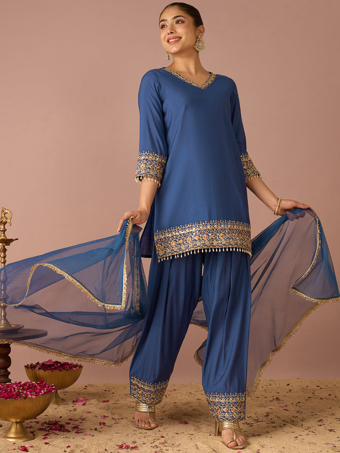 Janasya Women's Navy Blue Chanderi Silk Floral Sequins and Zari Embroidered Straight Kurta Salwar Set