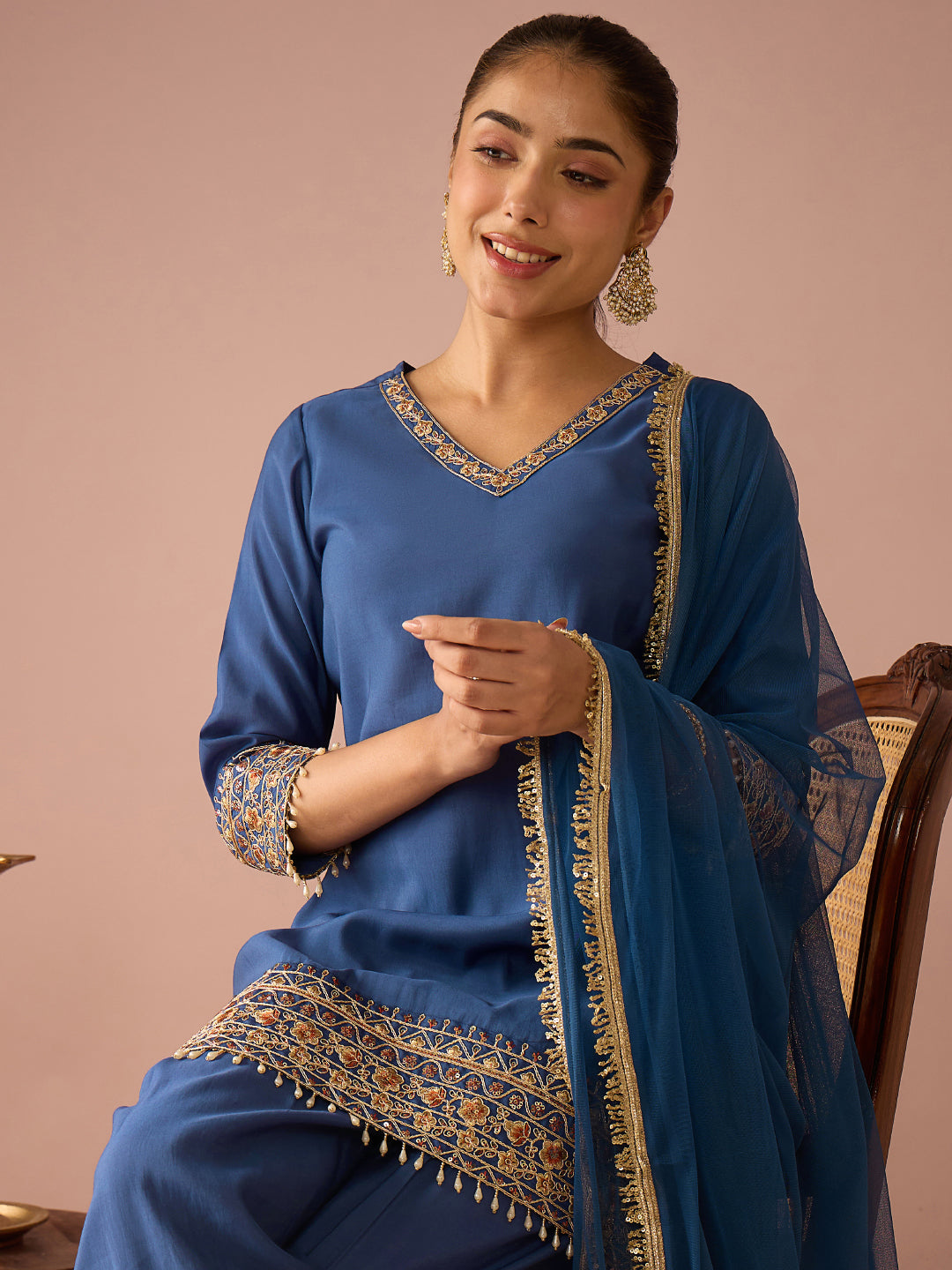 Janasya Women's Navy Blue Chanderi Silk Floral Sequins and Zari Embroidered Straight Kurta Salwar Set