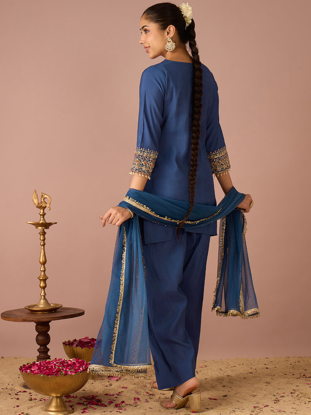 Janasya Women's Navy Blue Chanderi Silk Floral Sequins and Zari Embroidered Straight Kurta Salwar Set