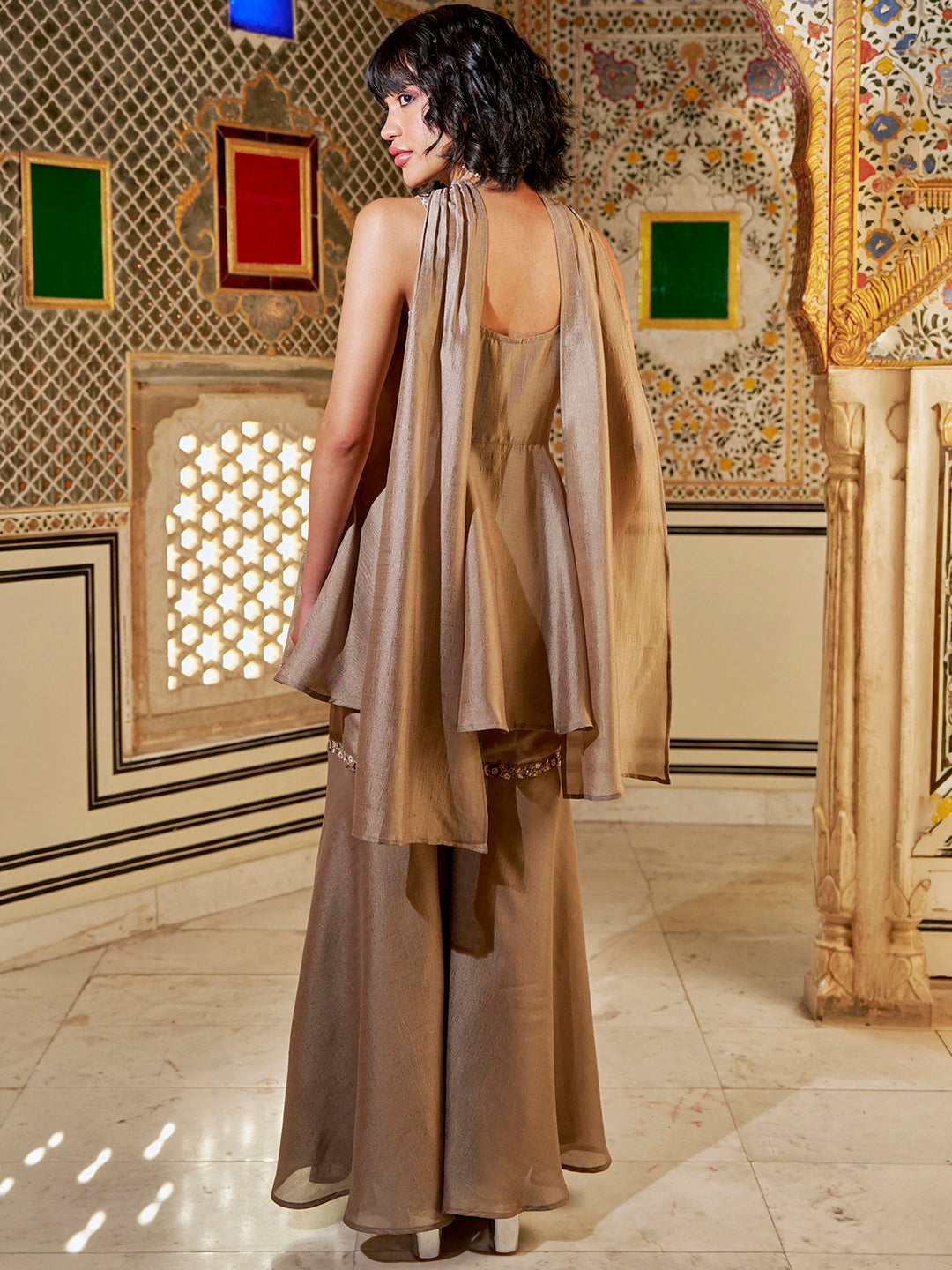 Janasya Women's Beige Silk Blend Floral Sequins & Zari Yoke Embroidered A-Line Kurta with Sharara And Choker Dupatta Set