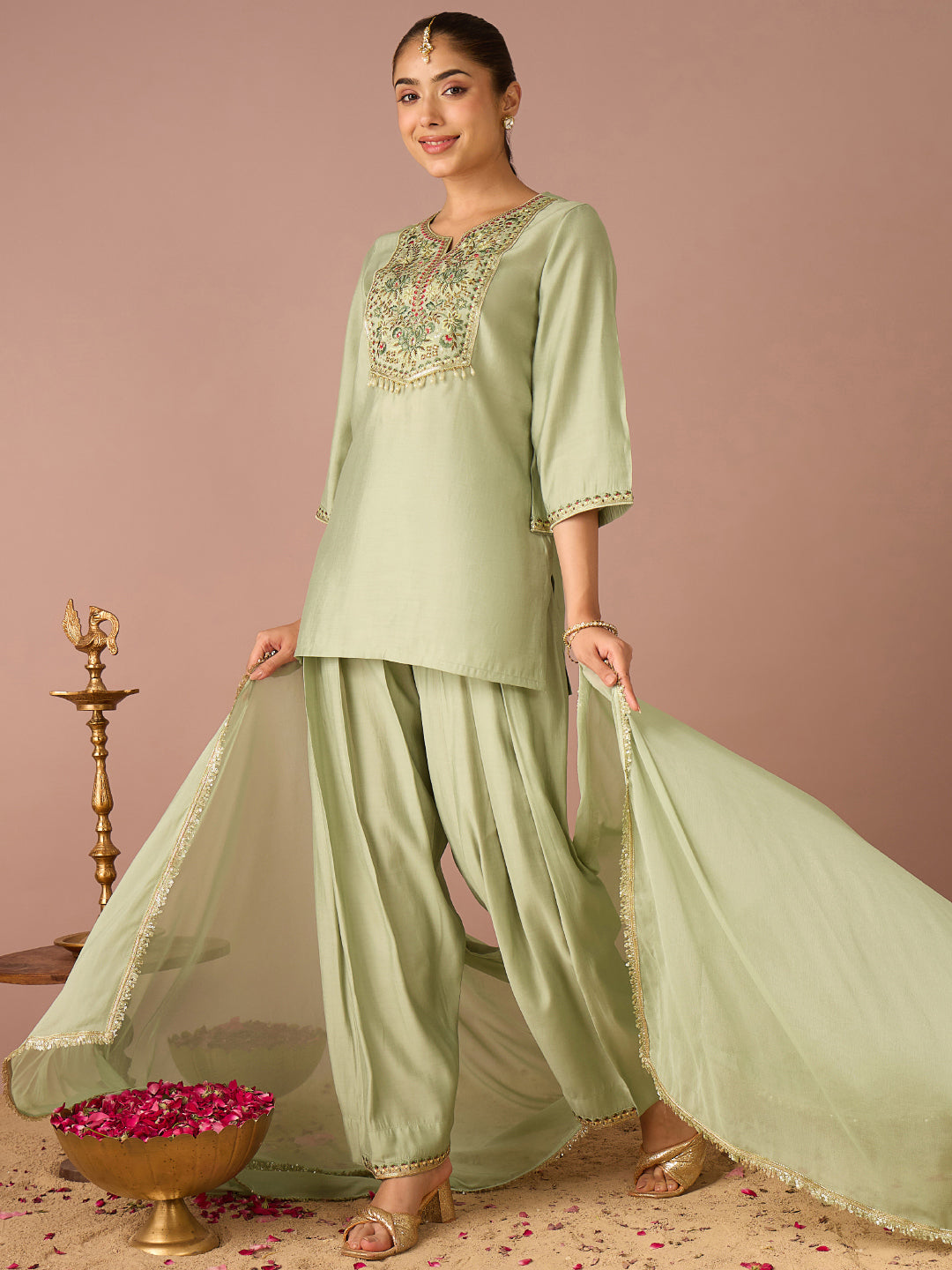 Janasya Women's Mint Green Chanderi Silk Floral Zari Embroidered Straight Kurta with Salwar And Dupatta Set