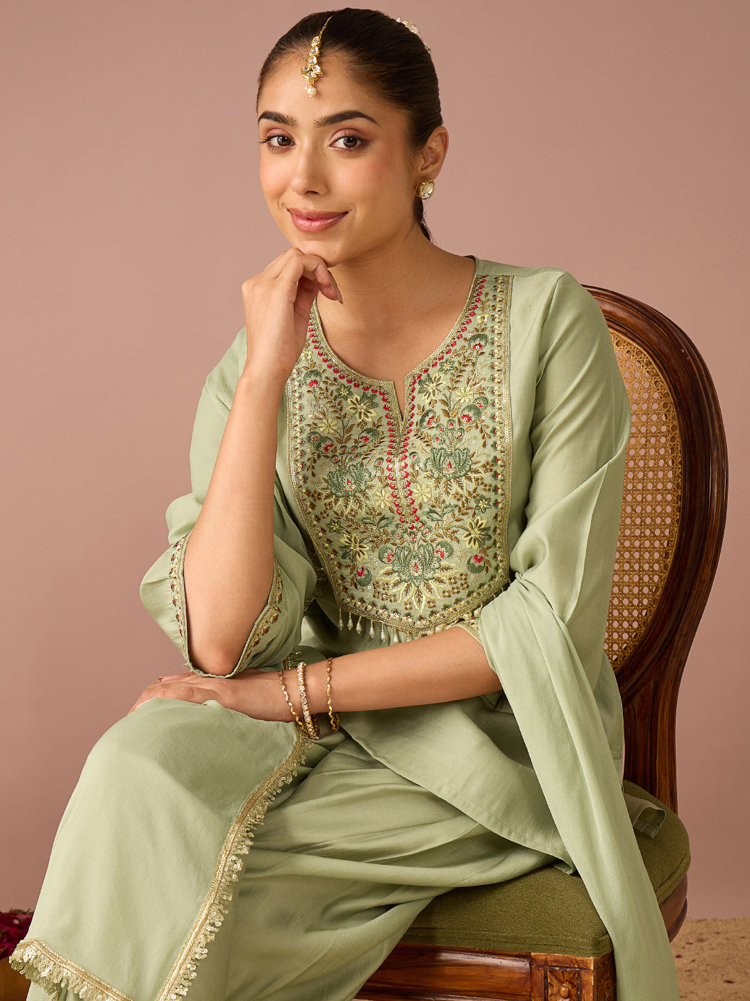Janasya Women's Mint Green Chanderi Silk Floral Zari Embroidered Straight Kurta with Salwar And Dupatta Set