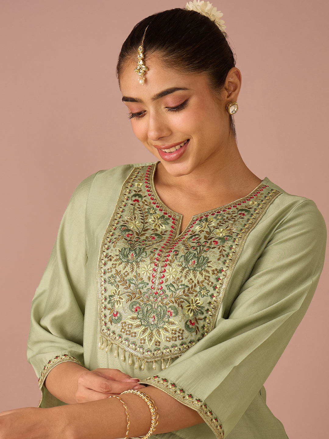 Janasya Women's Mint Green Chanderi Silk Floral Zari Embroidered Straight Kurta with Salwar And Dupatta Set