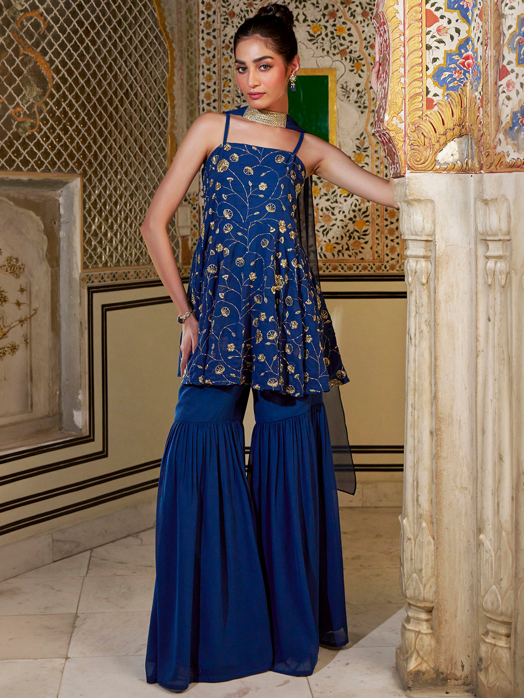 Janasya Women's Navy Blue Georgette Floral Embroidered A-Line Kurta with Sharara and Choker Dupatta Set