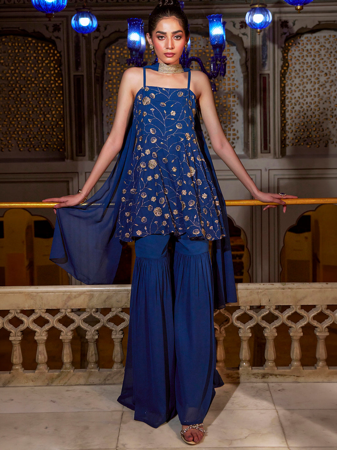 Janasya Women's Navy Blue Georgette Floral Embroidered A-Line Kurta with Sharara and Choker Dupatta Set
