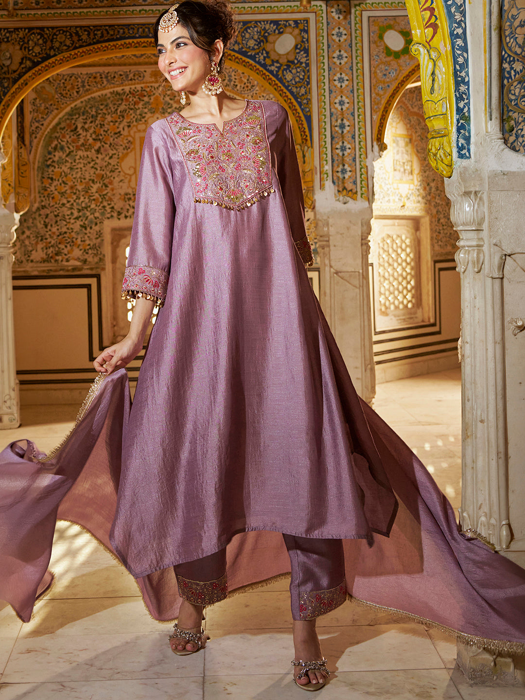 Janasya Women's Mauve Silk Blend Floral Yoke Embroidered A-Line Kurta Set