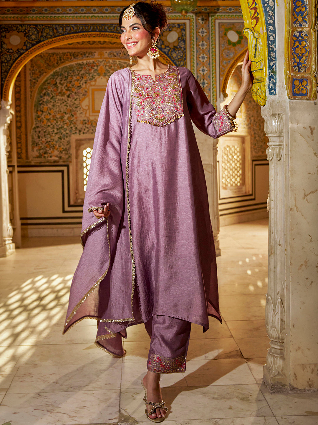 Janasya Women's Mauve Silk Blend Floral Yoke Embroidered A-Line Kurta Set