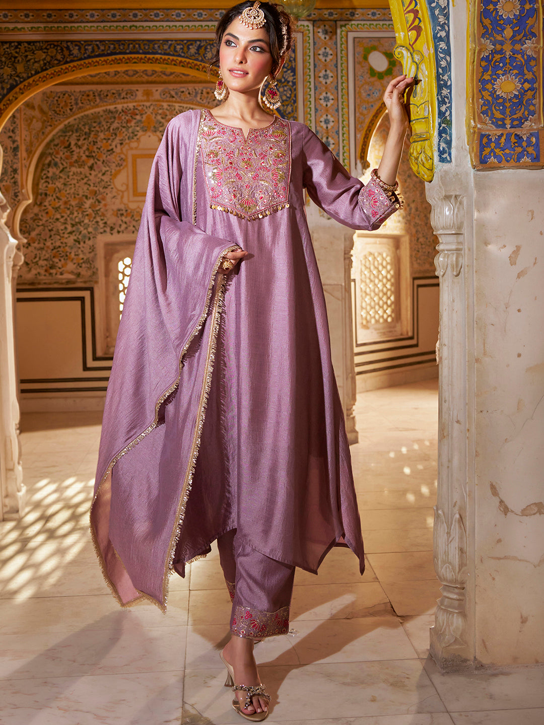 Janasya Women's Mauve Silk Blend Floral Yoke Embroidered A-Line Kurta Set