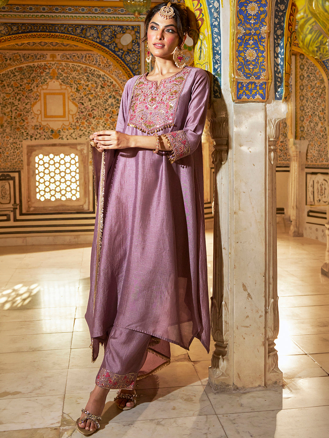 Janasya Women's Mauve Silk Blend Floral Yoke Embroidered A-Line Kurta Set