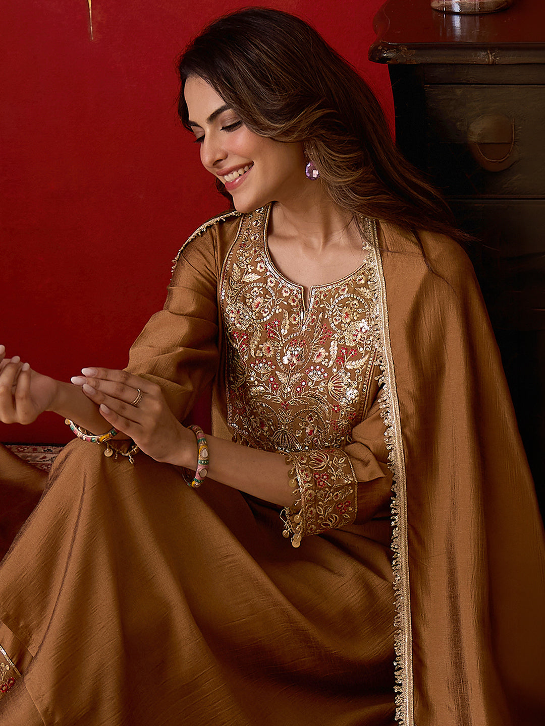 Janasya Women's Metallic Gold Silk Blend Floral Yoke Embroidered A-Line Kurta Set